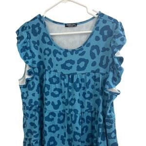 Teal Leopard Print Ruffle Sleeve Blouse